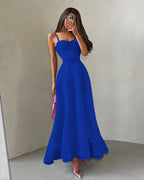 Cocoslly Spaghetti Straps Sleeveless High Waist Long A Line Prom Dress | Black Satin YK1293