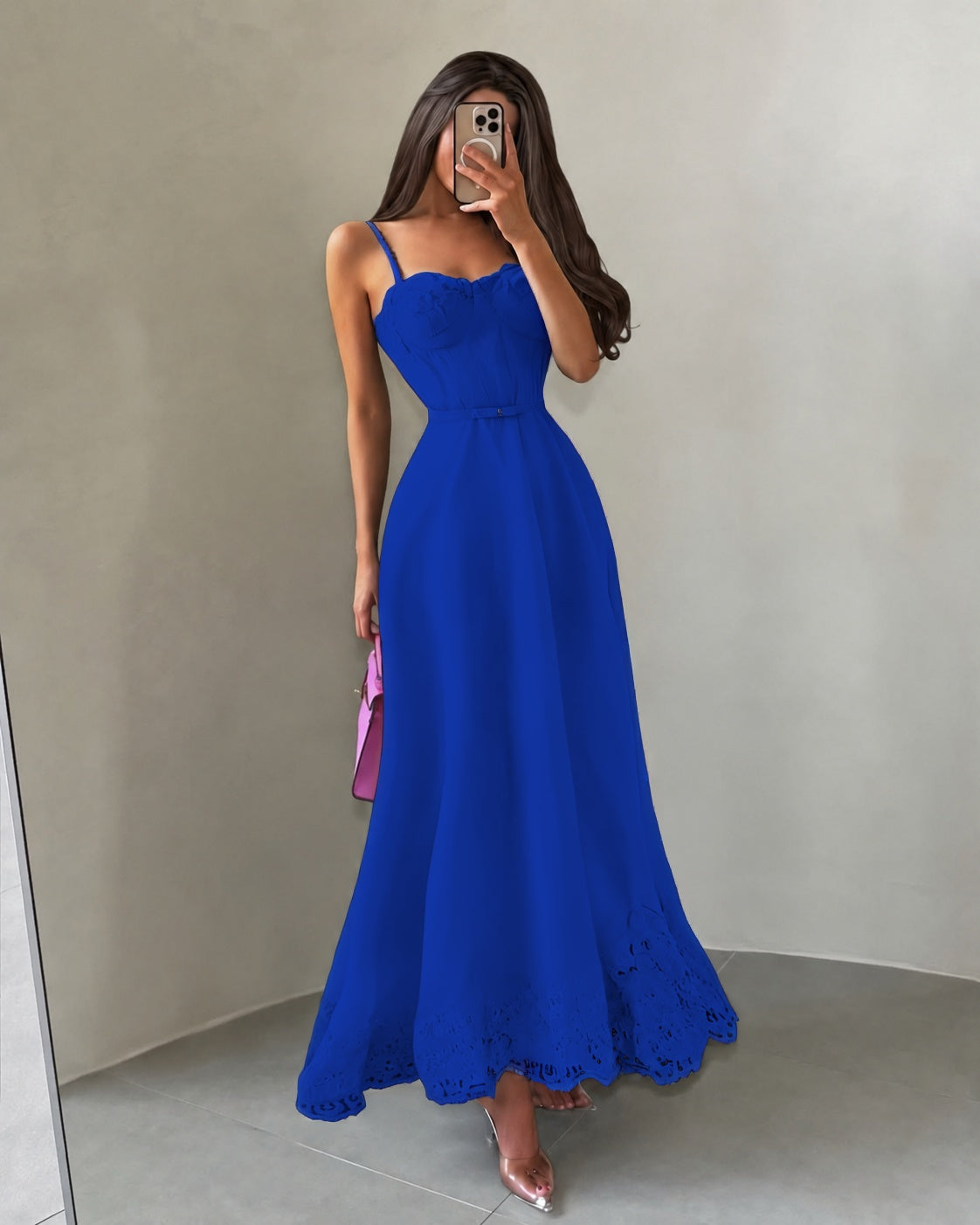 Cocoslly Spaghetti Straps Sleeveless High Waist Long A Line Prom Dress | Black Satin YK1293
