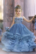 Cocoslly Spaghetti Straps  Sleeveless Flower Girl Dress With Appliques And Rhinstone | Dusty Blue Tulle FL0020