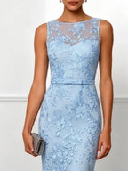 Light Blue Lace Jacquard Boat Neck Sleeveless Mermaid Floor-length Gown Dress