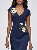Purplish Blue Embroidery Applique Sheath Midi Dress
