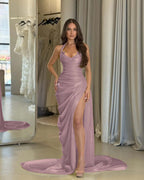 Chic Halter Sleeveless Long High Split Prom Dress With Pleated YK0277