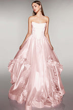 Cocoslly Strapless Sleeveless High Waist Long A Line Prom Dress With Flowers | Pink Satin