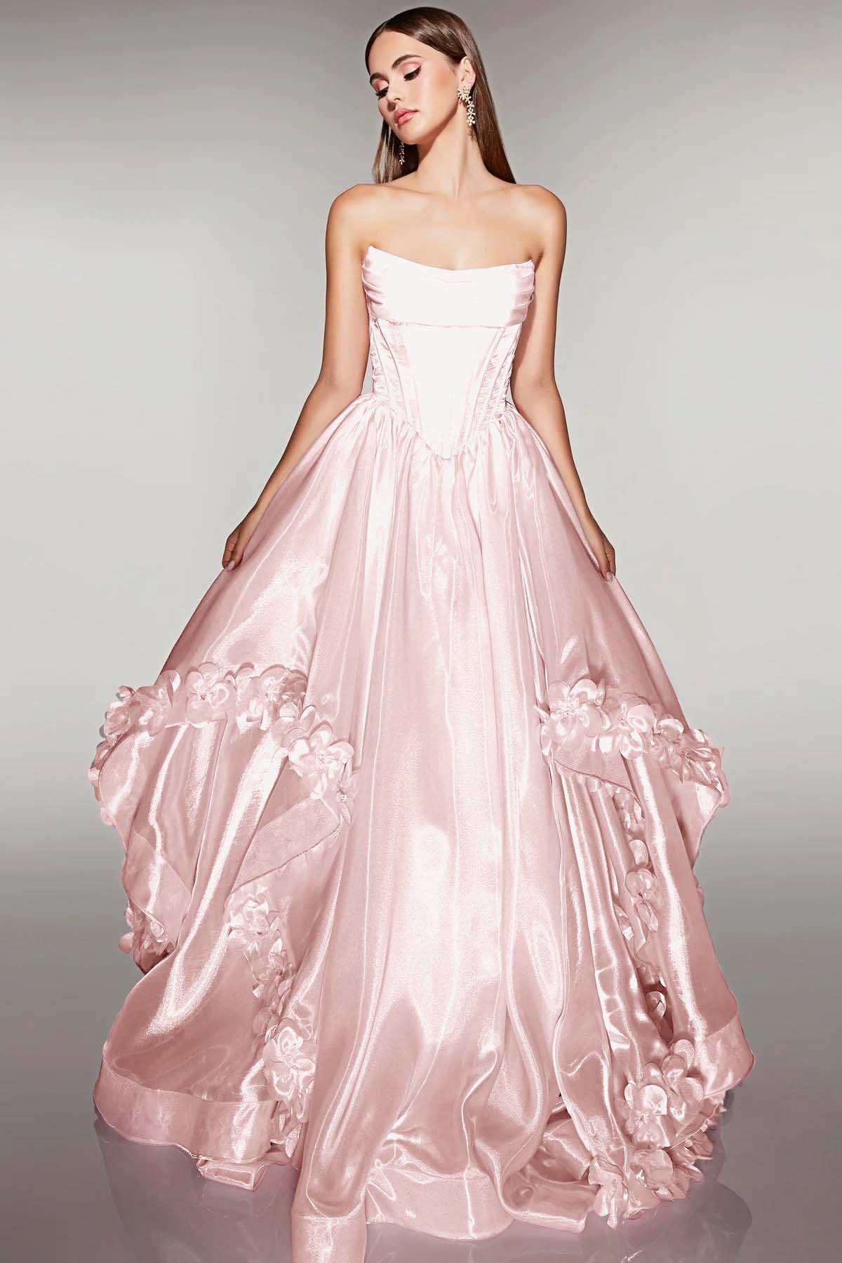 Cocoslly Strapless Sleeveless High Waist Long A Line Prom Dress With Flowers | Pink Satin