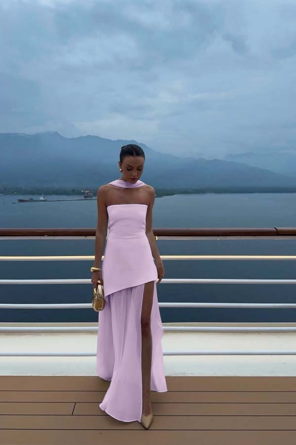 Cocoslly Strapless Split Holiday Summer Long Prom Dress With Scarf | White Satin And Chiffon ZT0604
