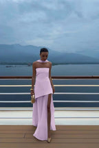 Cocoslly Strapless Split Holiday Summer Long Prom Dress With Scarf | White Satin And Chiffon ZT0604
