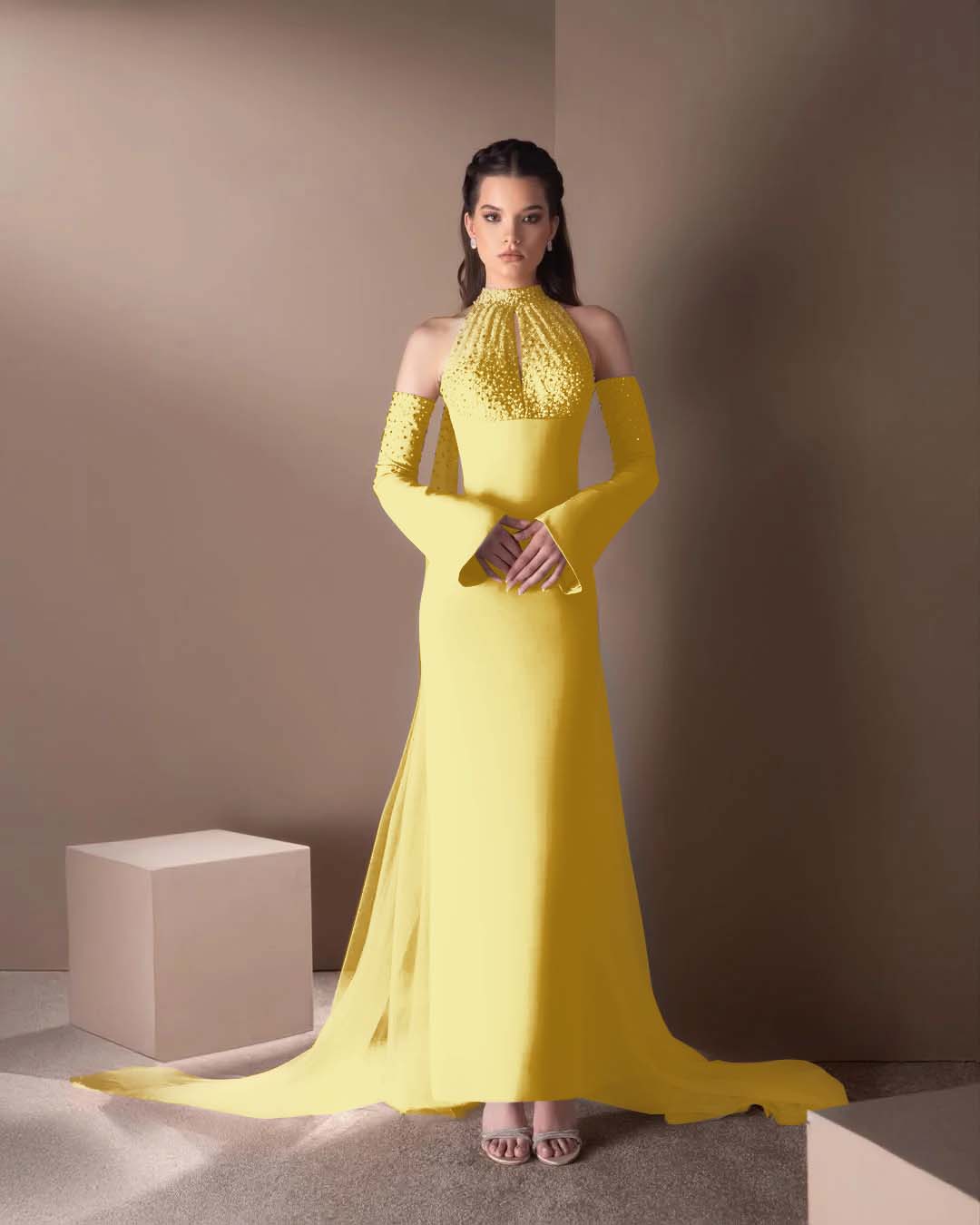 Spandex And Tulle High Neck Strapless Long Sleeves Long Mermaid Prom Dress With Ruffles And Beadings YK0748