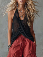Retro Casual Workwear Style Black V-Neck Mesh Top And Red Cotton Pants Set
