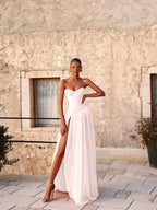 Cocoslly Strapless Sleeveless High Waist Long Split Prom Dress With Pleated | Pink Chiffon YK1283