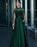 Tulle And Satin High-Neck Short Sleeves Long A-Line Pleated Prom Dress With Pockets And Beadings YK0542