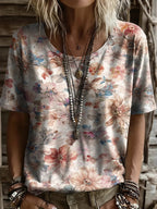 Women's Retro Flower Art Print Short Sleeve Casual T-shirt