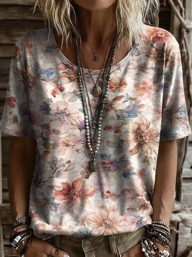Women's Retro Flower Art Print Short Sleeve Casual T-shirt