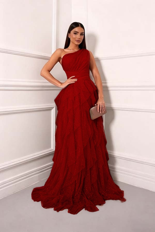 Cocoslly One Shoudler Sleeveless High Waist Long Prom Dress With Ruffles | Forest Green Tulle ZT0560