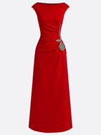 Red Applique Side-Slit Knit Boat Neck Cap Sleeve Bodycon Maxi Dress