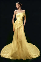 Cocoslly One Shoulder Sleeveless High Waist Long Prom Dress With Sequins | White Tulle YC0569
