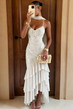 Cocoslly Spaghetti Straps Sleeveless High Waist Long Prom Dress With Ruffles And Sequins | Sage Chiffon LR0491