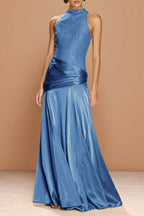 Cocoslly High-Neck Sleeveless Long Pleated Mermaid Prom Dress With Embroidery | Sage Green Satin ZA0147