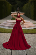 Satin Strapless Sleeveless Long A-Line Prom Dress With Pleated And Corset YK0797