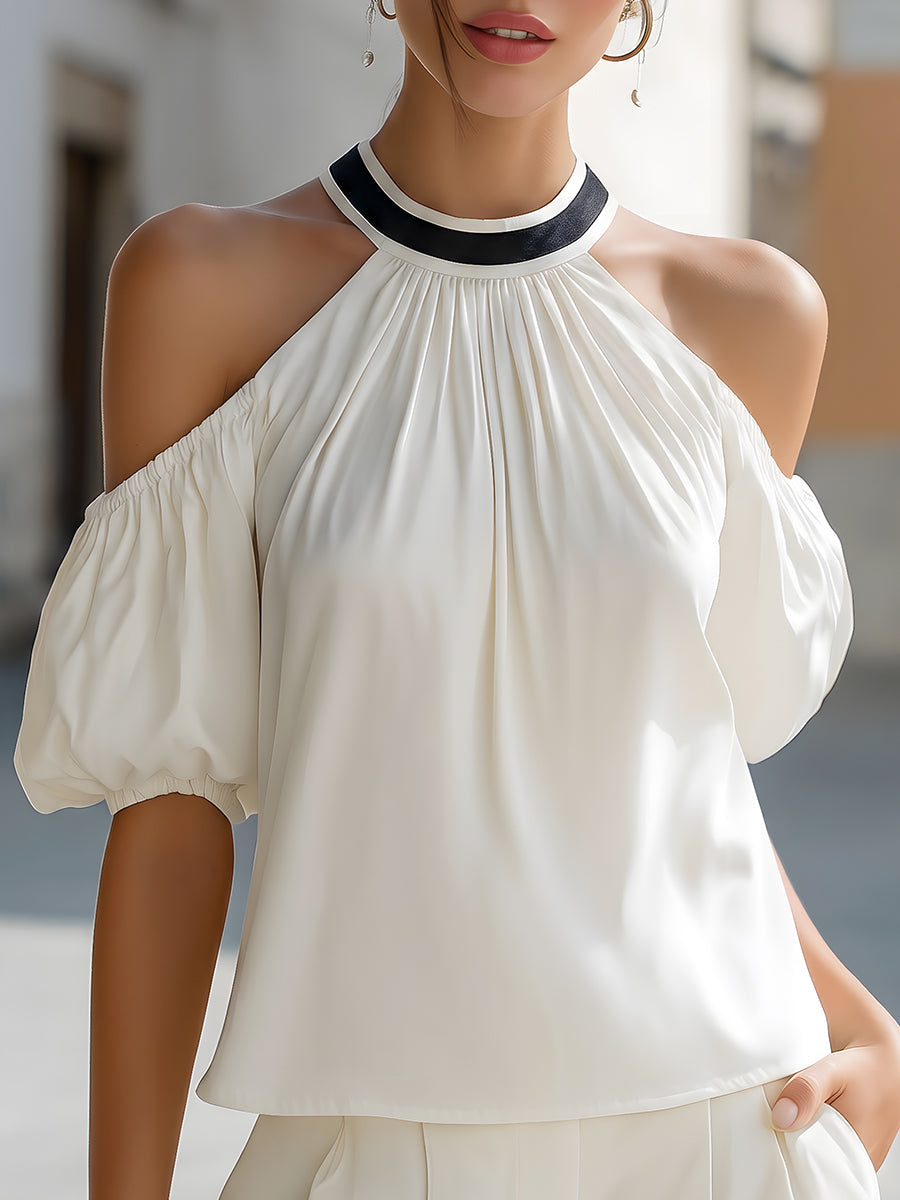 Cold-Shoulder Pleated Halter Neck Blouse