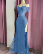 Off the Shoulder Sleeveless Long Split Prom Dress With Beading YK0161