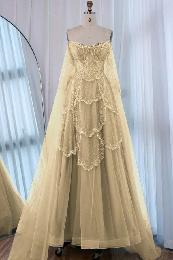 Tulle Strapless Sleeveless High Waist Long A-Line Prom Dress With Beadings And Ruffles WQ0557