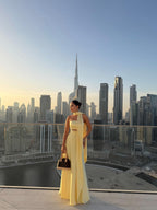 Cocoslly Strapless Sleeveless Long Prom Dress With Scarf And Pearls | Yellow Satin CO0087