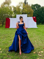 Satin Halter Neck Strapless Sleeveless Long A-Line Prom Dress With Pleated And Split YK0728