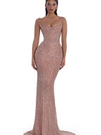 Cocoslly Spaghetti Straps Sleeveless High Waist Long Mermaid Prom Dress With Beading Pearls | Nude Champage Sequins JZ0120