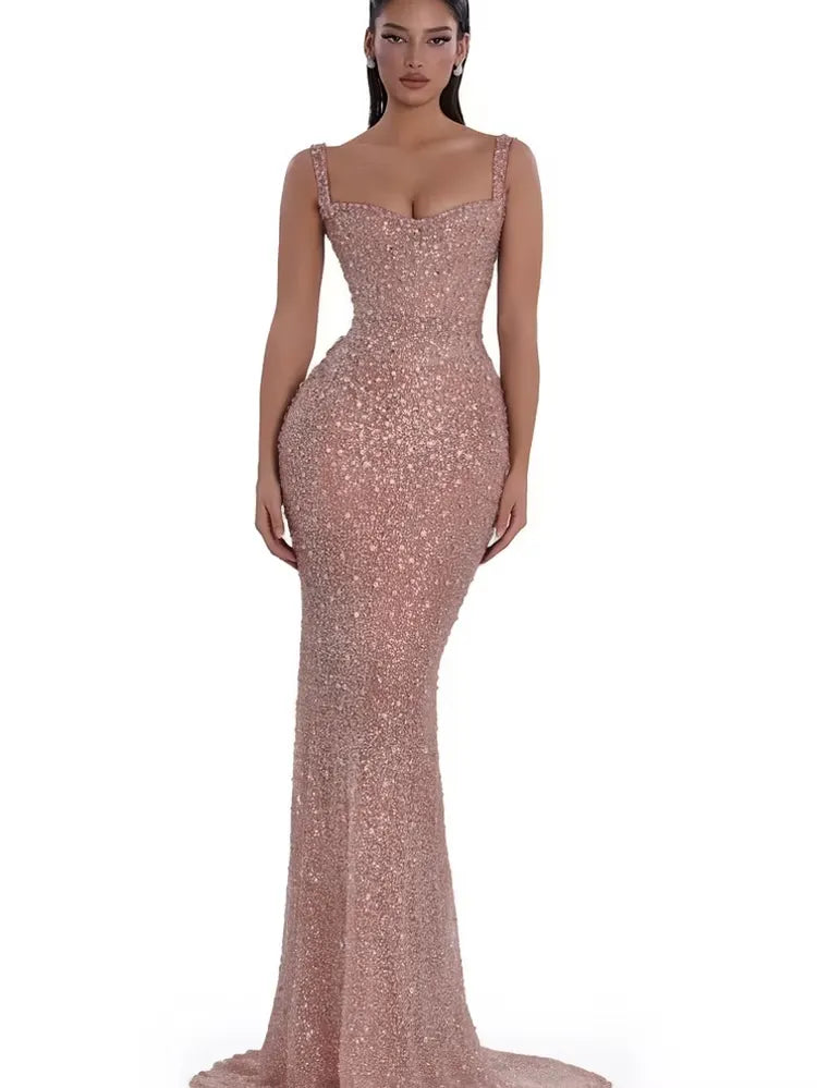 Cocoslly Spaghetti Straps Sleeveless High Waist Long Mermaid Prom Dress With Beading Pearls | Nude Champage Sequins JZ0120