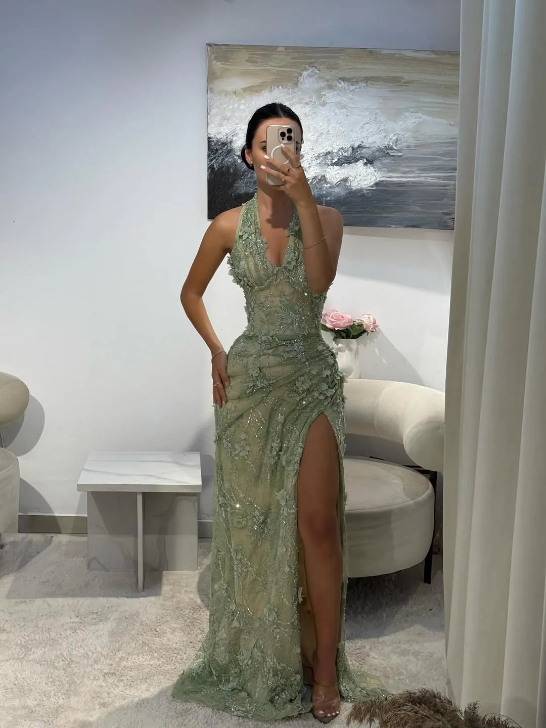 Cocoslly Halter Sleeveless Pleated Long Mermaid Split Prom Dress With Embroidered Appliqué | Dusty Sage Green Lace CO0014