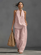 Casual Urban Style White Linen V-neck Sleeveless Top And Wide Leg Pants Set