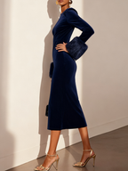 Navy Blue Slit Velvet Crew Neck Faux Fur Long Sleeve Sheath Midi Dress