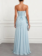 Blue Ruched 3D Floral Chiffon Strapless Sleeveless A-Line Floor-length Gown Dress