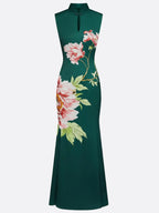 Dark Green Floral Hollow Out Satin Stand Collar Sleeveless Mermaid Gown Dress