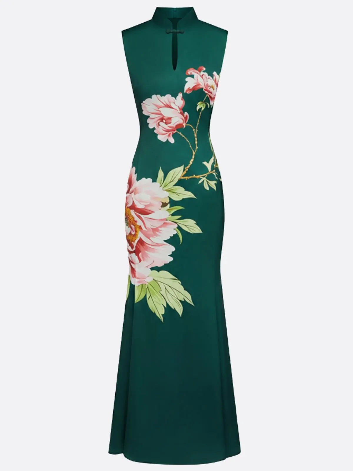 Dark Green Floral Hollow Out Satin Stand Collar Sleeveless Mermaid Gown Dress