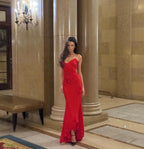 Cocoslly Spaghetti Straps Sleeveless High Waist Long Mermaid Prom Dress | Red Satin CO0169