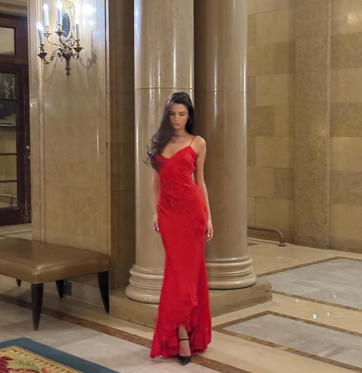 Cocoslly Spaghetti Straps Sleeveless High Waist Long Mermaid Prom Dress | Red Satin CO0169