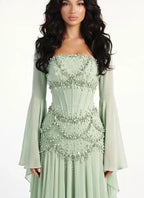 Cocoslly Strapless Sleeveless High Waist Long Prom Dress With Rhinstone | Dusty Sage Chiffon LX0090