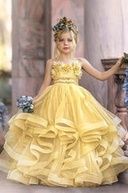 Cocoslly Spaghetti Straps  Sleeveless Flower Girl Dress With Appliques And Rhinstone | Dusty Blue Tulle FL0020