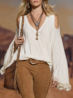 Versatile Vintage-style Lace & Off-white Chiffon Off-shoulder Long-sleeve Shirt