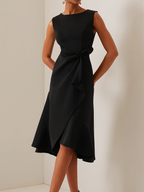 Red Sleeveless Midi Elegant A-line Dress with Waist Twist for Day-to-Night