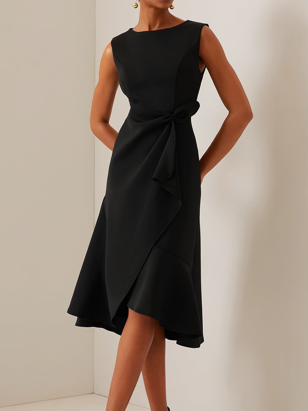 Red Sleeveless Midi Elegant A-line Dress with Waist Twist for Day-to-Night