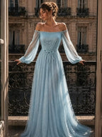 Cocoslly Off-The-Shoulder Long Sleeves High Waist Long Prom Dress With Sequins | Mist Mint Green Tulle LX0086
