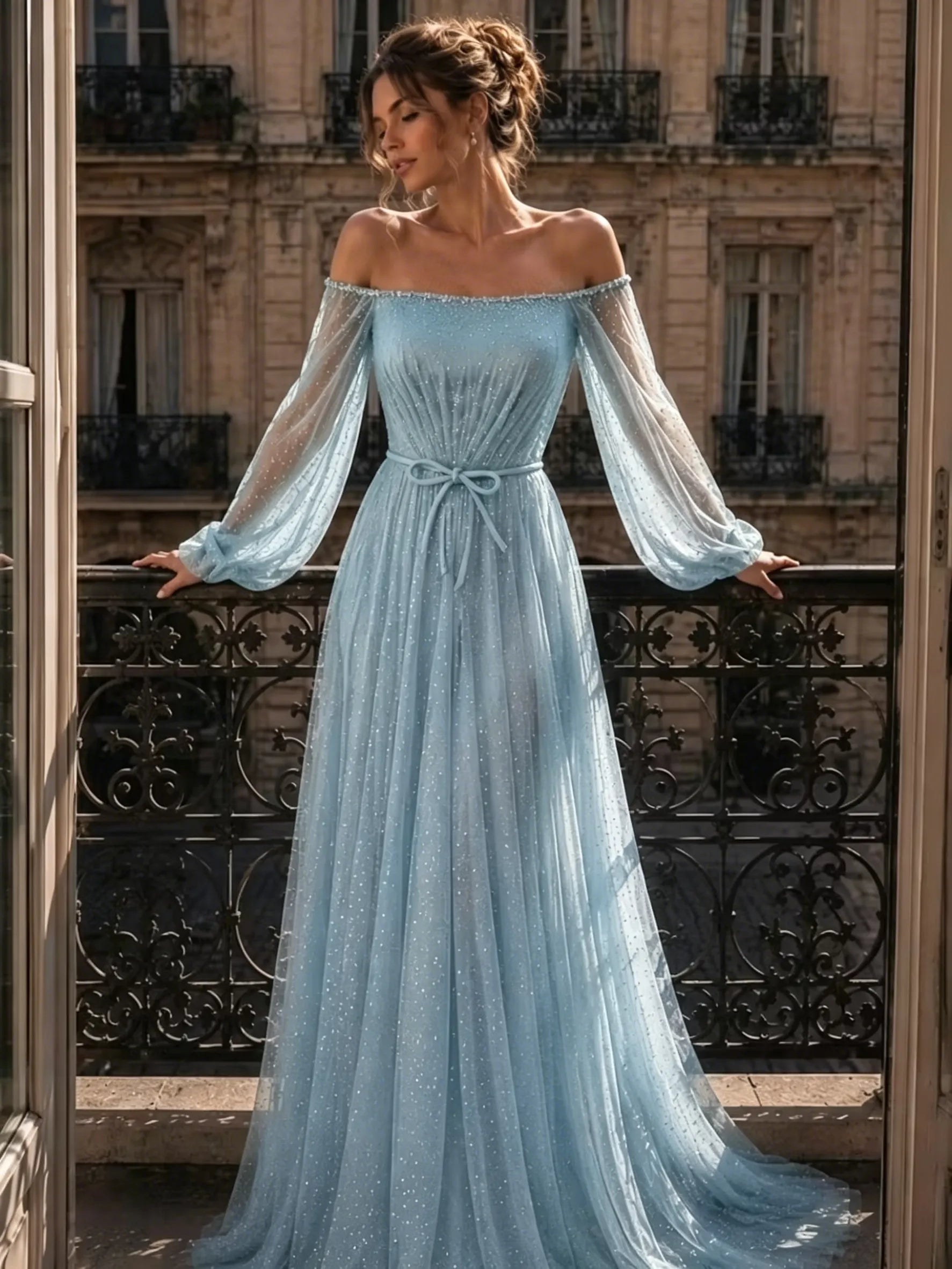 Cocoslly Off-The-Shoulder Long Sleeves High Waist Long Prom Dress With Sequins | Mist Mint Green Tulle LX0086