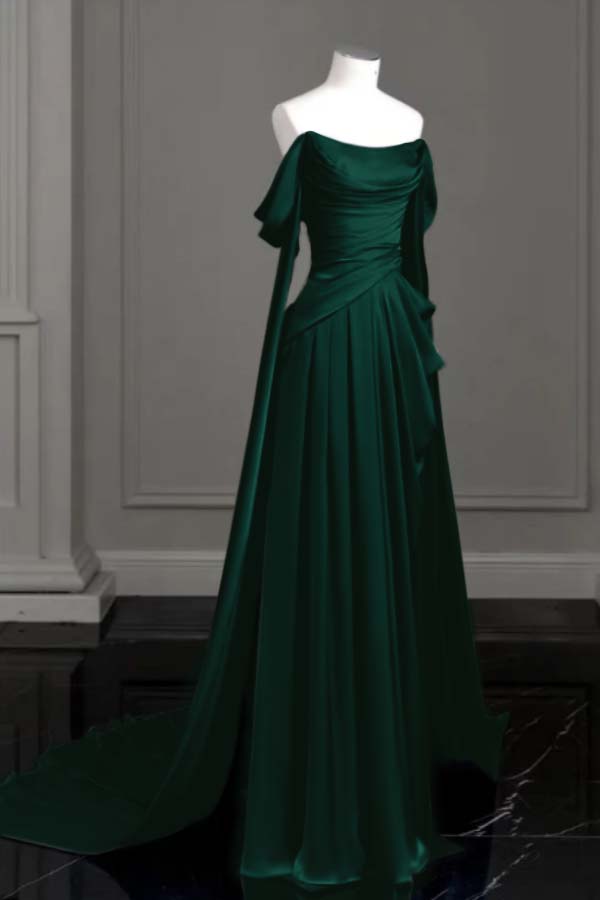 Cocoslly Off-The-Shoulder Pleated Long Prom Dress With Trailing On Both Sides | Purple Satin ZT0580