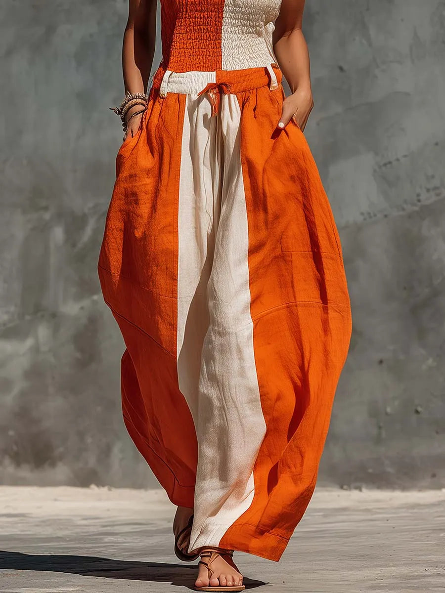 Casual Fashion Strapless Orange And Off-White Contrast Cotton-Linen Jumpsuit