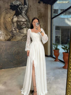 Lace Square Neck  Lantern Long Sleeves Long A-Line Pleated Prom Dress With Split And Corset YK0413