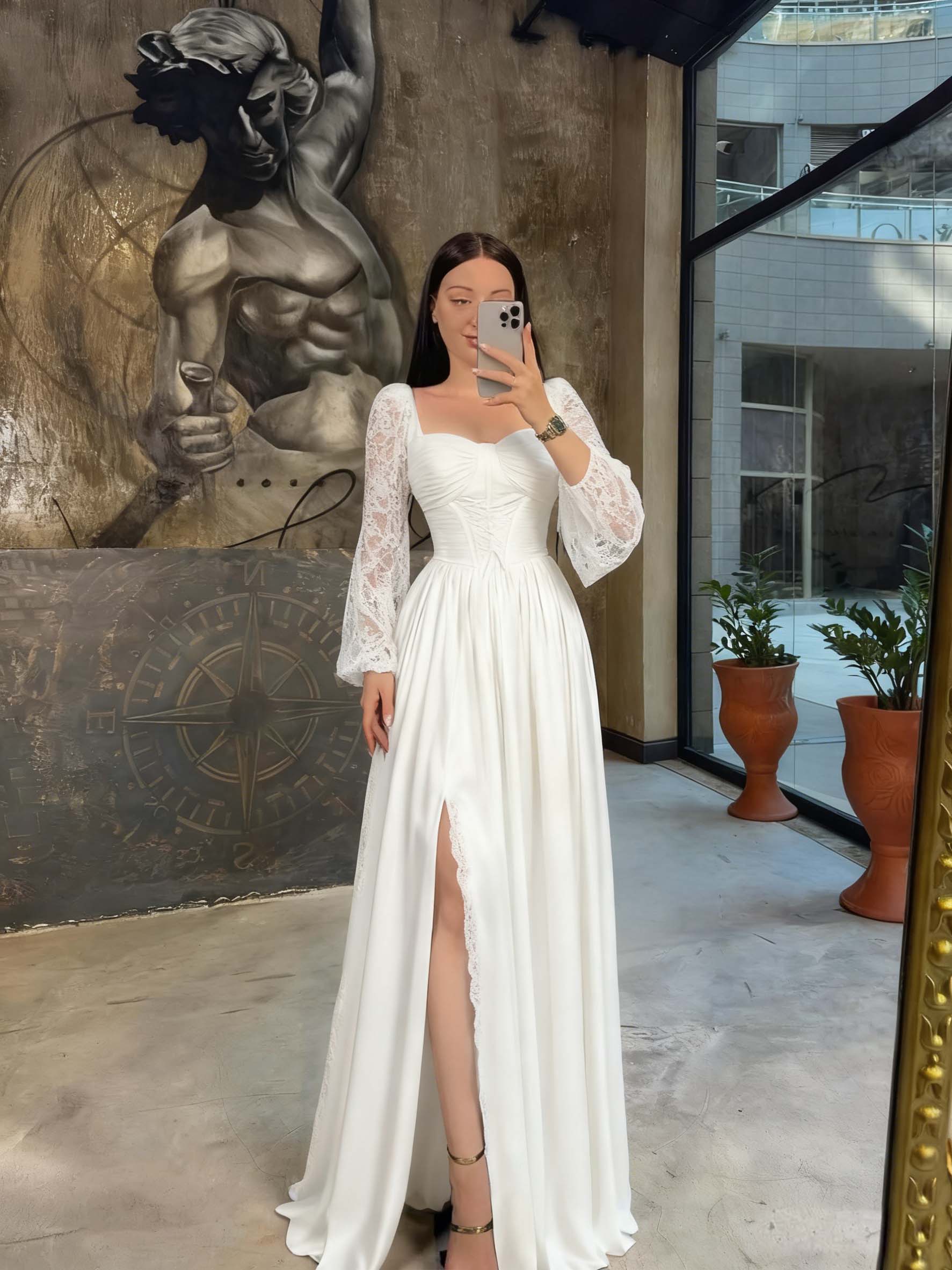 Lace Square Neck  Lantern Long Sleeves Long A-Line Pleated Prom Dress With Split And Corset YK0413