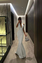 Halter V Neck Sleeveless Long Mermaid Prom Dress With Pleated YK0104