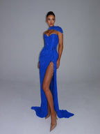 Cocoslly Strapless Sweetheart Sleeveless High Waist Long Split Prom Dress With Shawl | Silver Grey Sequins YK1275
